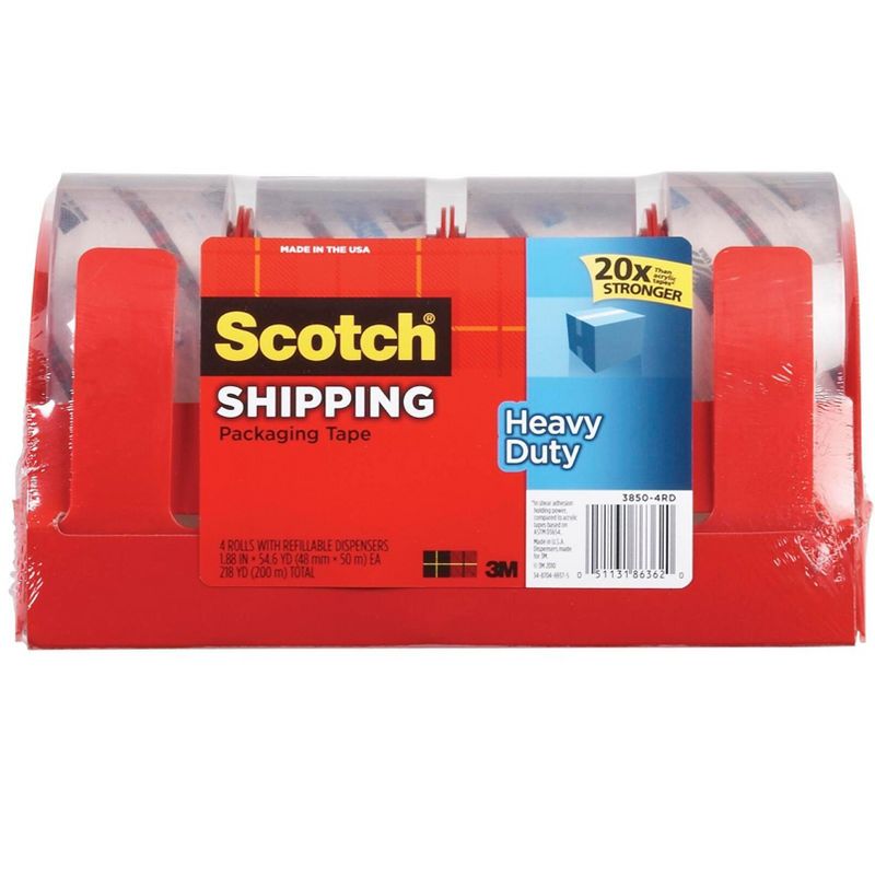 Scotch Heavy Duty Shipping Packaging Tape with Dispenser, 1.88 Inches x 54.6 Yards, Clear, Pack of 4, 3 of 4