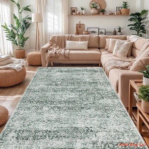 Vintage Area Rug 5x7 /6x9 Boho Washable Rug, Soft Thin Non Slip Low Pile Carpet, Distressed Floral Printed Floor Carpet - 1 of 4