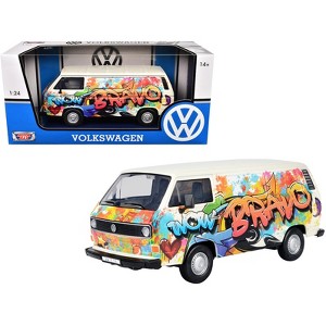 Volkswagen Type 2 (T3) Van White Metallic with Graffiti Graphics 1/24 Diecast Model Car by Motormax - 1 of 4