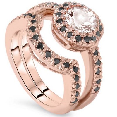 Pompeii3 1 1/2ct Morganite & Black Diamond Halo Engagement Ring Set 14K Rose Gold