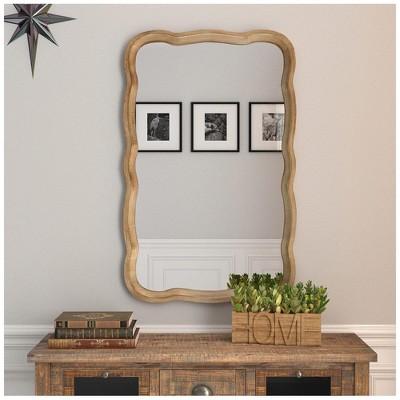 COZAYH Curved Wood Frame Accent Mirror, Modern Farmhouse Wall Decor, Natural