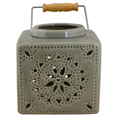 Olive Green Ceramic Hanging Candle Lantern with Mosaic Cutout