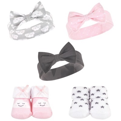 Hudson Baby Infant Girl Headband and Socks Set 5pk, Cloud, 0-9 Months