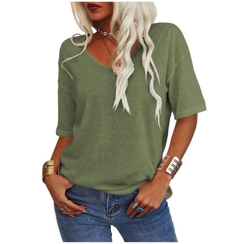 Imily Bela Women's Casual V Neck Half Sleeve Oversized T Shirt Solid Color Basic Top Armygreen L