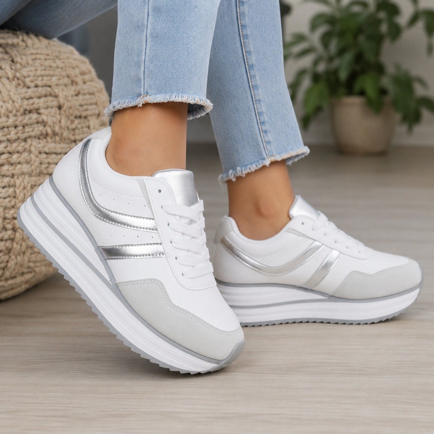 Женские кроссовки Outwoods Brenna-2 White Platform Fashion Sneaker, Silver Combo, цвет: Белый — фото 2