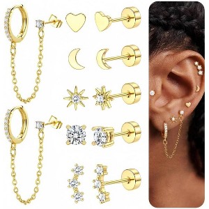 Gold Plated Flat Back Earrings Set for Cartilage - Huggie Hoop Stacks with Dangle Chains & Small Studs, Hypoallergenic - 1 of 4