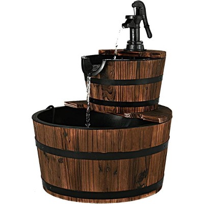 Tangkula 2-Tier Barrel Waterfall Rustic Cascade Fountain with Hand Pump & Adjustable Water Flow Freestanding for Garden Patio