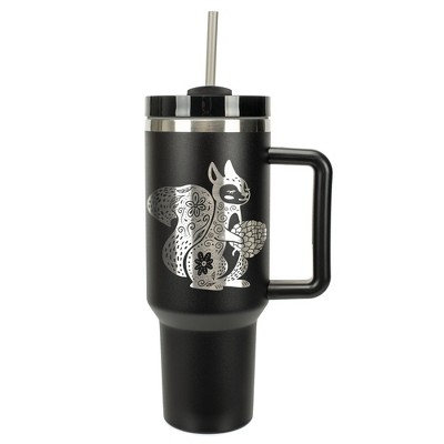 Elanze Designs 40 Ounce Travel Tumbler With Straw and Lid Stainless Steel Double Wall Insulated Charming Floral Squirrel Black