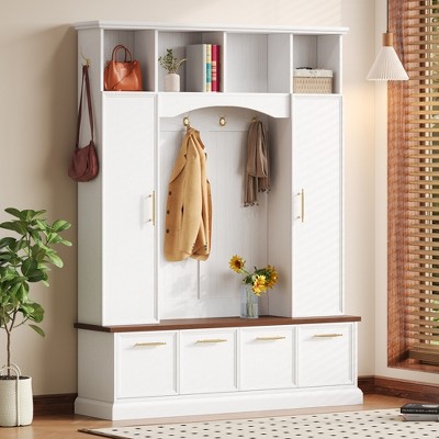 Lycvki 4-IN-1 Elegant 59" W Hall Tree with Walnut Bench and Adjustable Shelves