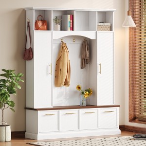Lycvki 4-IN-1 Elegant 59" W Hall Tree with Walnut Bench and Adjustable Shelves - 1 of 4