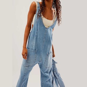 Woman Relaxed Fit Reversible Denim Jumpsuit with Adjustable Straps – Medium Wash Cherie Code - 1 of 4