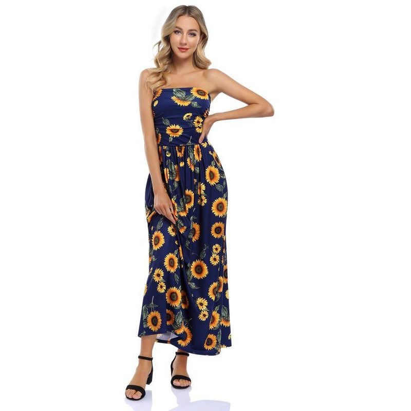 Women Strapless Floral Print Bohemian Boho Maxi Dress Casual Off Shoulder Beach Party Dress with Pockets, 2 of 7