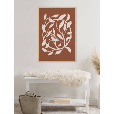 Natural Framed Canvas with Bird and Branch Wreath Print