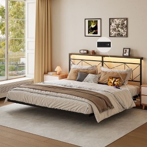 Hausource Floating Bed Frame with LED, Storage Headboard, Charging Station, No Box Spring Needed - 1 of 4
