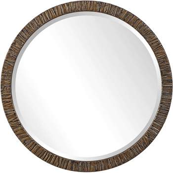 Uttermost Round Vanity Accent Wall Mirror Rustic Beveled Antiqued Metallic Gold Leaf Wood Frame 30" Wide for Bathroom Bedroom