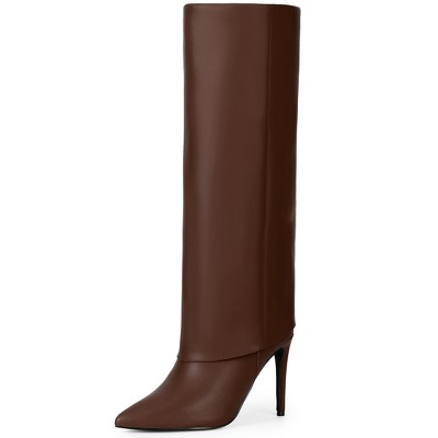 BLISSFUL STEP Women's Fold Over Pointed Toe Zipper Stiletto Heel Knee-High Boots