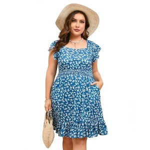 LXT-Plus Size Sleeveless Summer Dress Flutter Sleeve Smocked Waist Midi Dresses with Pocket - 1 of 4