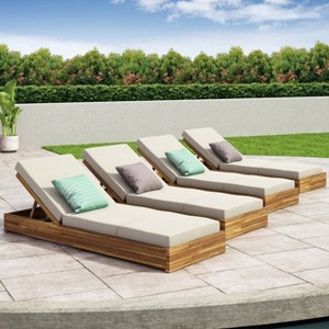 Christopher Knight Home Mira Outdoor Adjustable Acacia Wood Chaise Lounge with Cushion (Set of 4) - 1 of 4