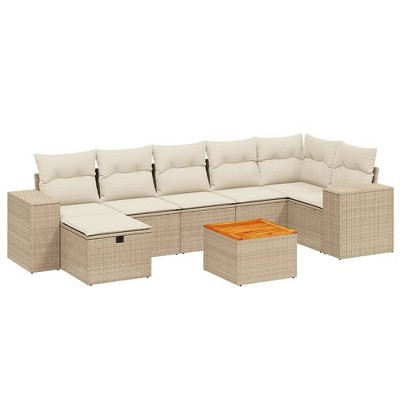 vidaXL 8 Piece Patio Sofa Set with Cushions Beige Poly Rattan - Beige and Cream 3x Middle + 3x Corner + Footrest + Table