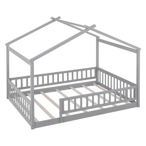 TopComfy Beds Full Size Wood House Bed Frame With Fence Finish Spacious Design Sturdy Build for Boys and Girls, Gray, 78.35"*16.54"*6.69" - 1 of 4