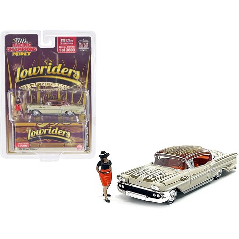 1958 Chevrolet Impala Lowrider Beige w Graphics Orange Interior w Figure Ltd Ed 1 64 Diecast Model Car by Racing Champions