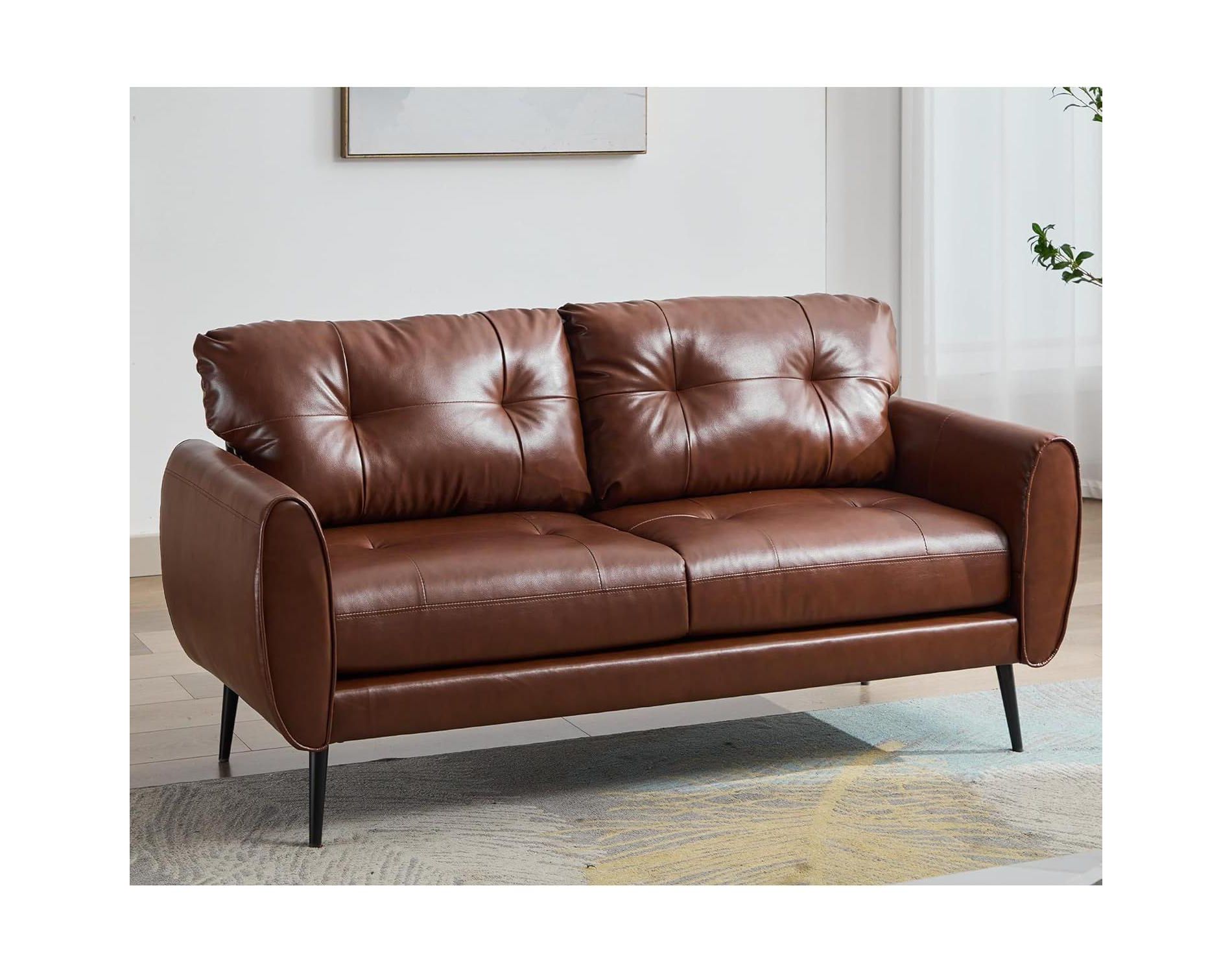 TYBOATLE 61" Brown Faux Leather Loveseat Sofa, Mid-Century Modern Tufted Couch for Small Spaces, Comfy 2-Seater for Living Room, Bedroom, Office