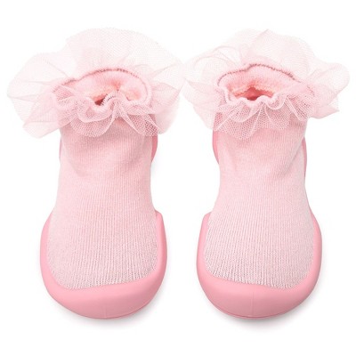 Komuello Toddler Girl Sock Shoes - Tulle Trim Pink