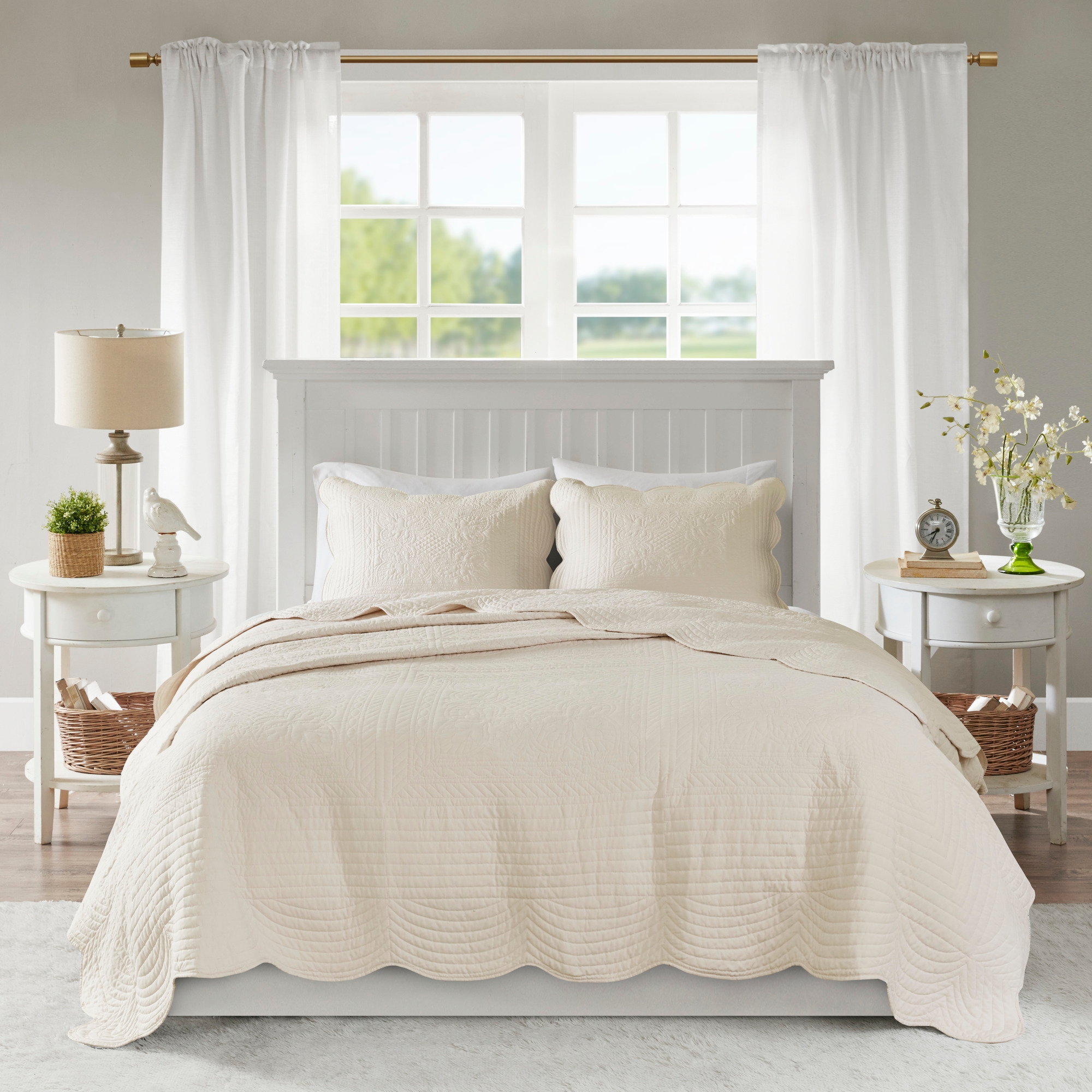 3 Pcs Elegant Reversible Scalloped Edge Quilt Set, All Season Bedding Sets, Cozy Microfiber Face Home Textile fits Lux Bedroom Decor,Cream,Full/Queen