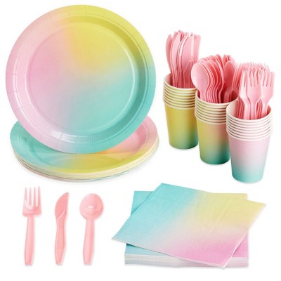 Blue Panda 144 Pieces Disposable Rainbow Dinnerware Set, Pastel Party Supplies and Decorations, (Serves 24 Guests)