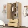 ORRD 2 Door Wardrobe with Mirror & Sensor Light, Modern Wood Closet with Hanging Rod & 2 Drawers, Natural Finish - 4 of 4