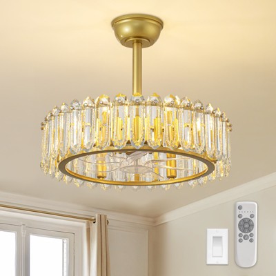 Ludomide Modern Crystal Caged Ceiling Fan, 20" Gold Luxury Crystal Ceiling Fan, Gold Round Bladeless Chandelier Fan Light With Remote