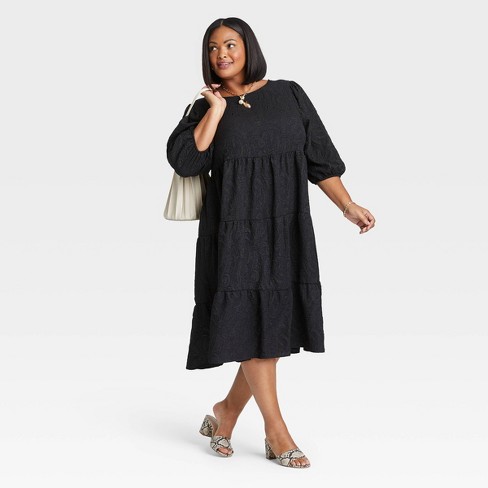 Women's Plus Size Puff 3/4 Sleeve Tiered Dress - Ava & Viv™  - image 1 of 3