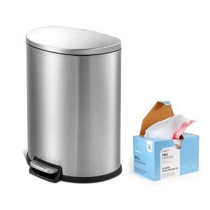 QUALIAZERO 13 GAL/50L, D SHAPE, STAINLESS STEEL STEP-ON CAN, WITH SOFT CLOSE LID & 50 COUNTS 13 GAL BAGS COMBO, BRUSH FINISH - 1 of 4