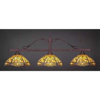 Toltec Lighting Scroll 3 - Light Island Pendant Light in  Bronze with 16" Amber Dragonfly Art Glass Shade
