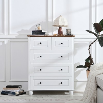 JUJABU White 5-Drawer Dresser, Modern Wood Storage Chest for Bedroom, Living Room, Hallway, or Office