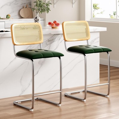 Fontoi Counter and Bar Stools, 2PCS Barstools with Rattan Back, 26 inch Stools Armless Bar Chairs with Upholstered, Green, 17.7"*8.9"*39.4"