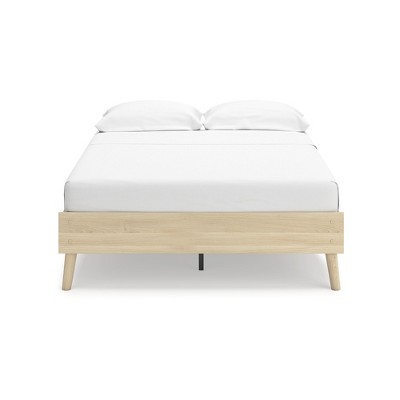 Light Brown Full Platform Bed with Wood Frame and Storage