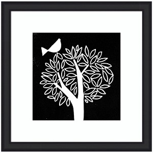 Kate and Laurel Framed Art Black and White Bird Tree Linocut by Giuliana Lazzerini Lazzerini, 27x27, Oliver Black Narrow - 1 of 4