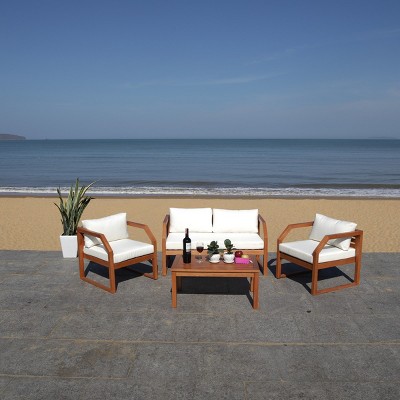 Natural Eucalyptus Wood 4-Piece Outdoor Living Set with Beige Cushions