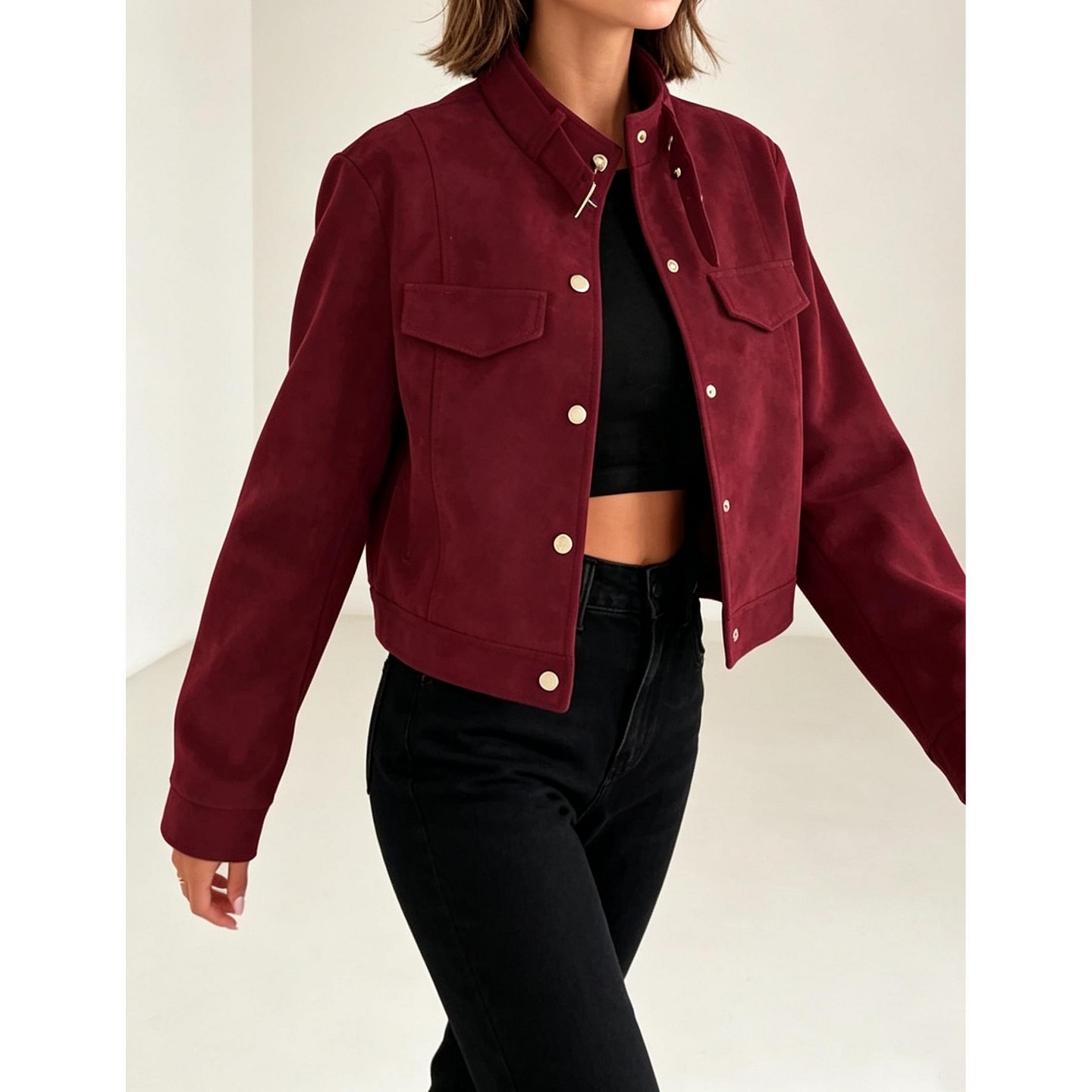 Женская куртка YesFashion Women Faux Suede Cropped Jacket Stand Collar Button Down Long Sleeve Casual Short Outerwear, Brown, цвет: Коричневый — фото 8