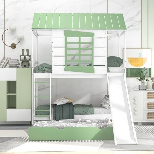 YOOCOZZ Twin over Twin Size House Bunk Bed with Convertible Slide and Trundle-White and Green - 1 of 4