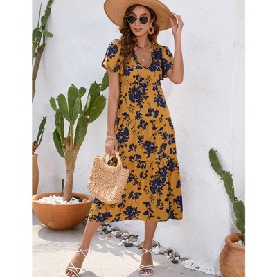 WhizMax Women's Bohemian Floral Printed V Neck Ruffle Hem A-Line Short Sleeve Split Beach Party Maxi Dress