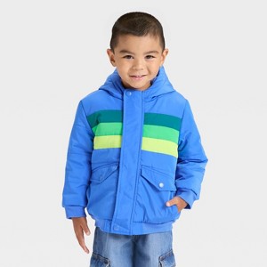 Toddler Boys' Colorblock Striped Heavyweight Puffer Jacket - Cat & Jack™ Blue - 1 of 3