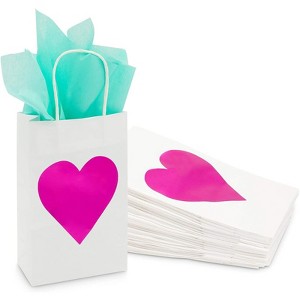 Blue Panda 24 Pack White Valentines Day Gift Bags with Handles for Galentines with Pink Heart, Goodie Treat Bags, 8.6 x 5.2 x 3.1 in - 1 of 4