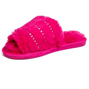 Limited Too Girl's Fuzy House Slippers for Kids in Fuschia with Jeweled Design