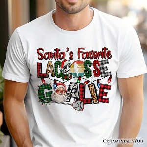 Santa’s Favorite Lacrosse Goalie Plaid Christmas T-Shirt, Sports Team Holiday Tee | OrnamentallyYou - 1 of 4