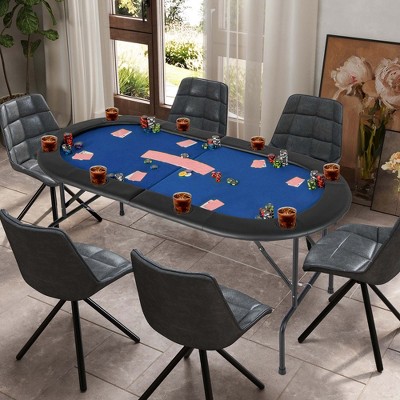 Black and Blue 72" Foldable Poker Table with Felt Surface and Leather Armrests