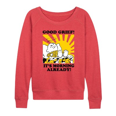 Women's - Peanuts - Its Morning Already Lightweight French Terry Wide Neck Long Sleeve Shirt