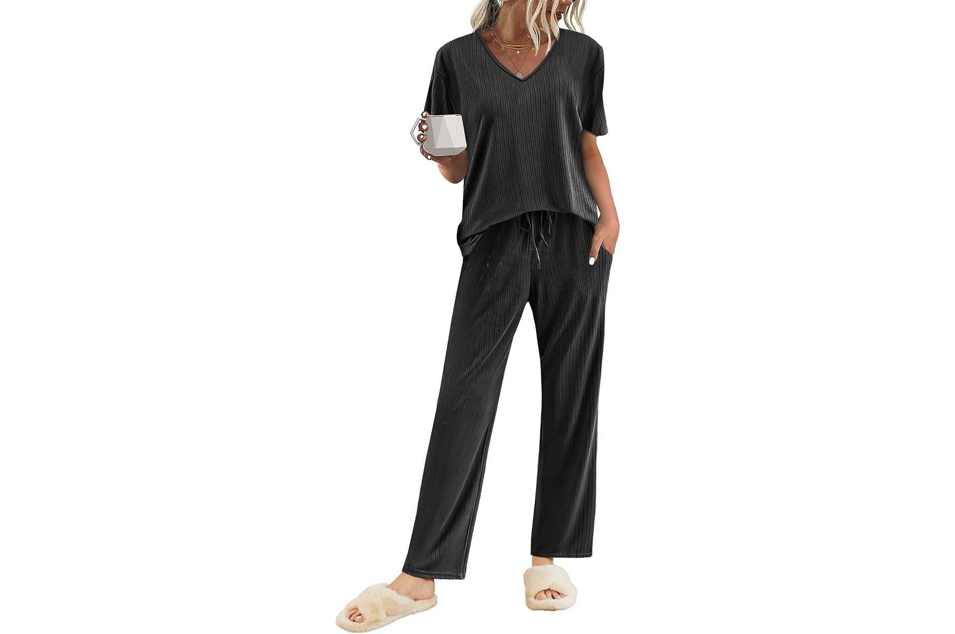 Ekouaer Pyjama Damen Herbst Schlafanzug Kurzarm Lang Hose Rippen Nachtw?sche