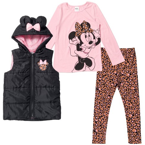 Disney Minnie Mouse Toddler Girls Zip Up Vest Puffer T-Shirt and Leggings 3  Piece Outfit Set Black 3T